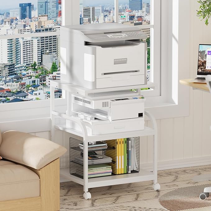 Lerliuo Large Printer Stand with Storage, 23.6"W x 18.9"D x 30.2"H, 5-Adjustable Shelf Heights Mobile 3 Tier Table with Lockable Wheels, Industrial Rolling Printer Cart, White Stands for Home Office