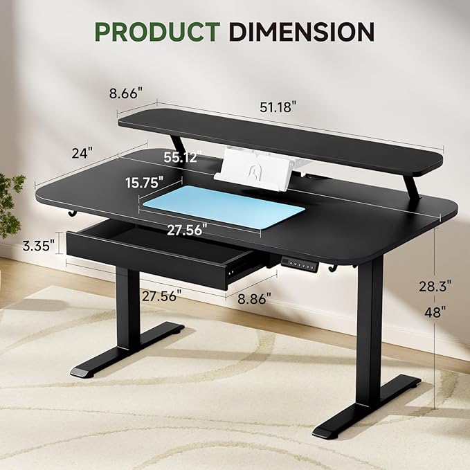 GTRACING Electric Standing Desk with Drawers, 55 x 24 Inches Height Adjustable Computer Desk with Monitor Stand, Laptop Stand, Sit Stand up Desk with Memory Preset for Home, Office, Black