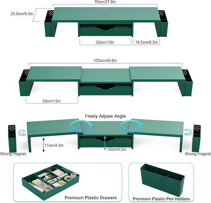 Spacrea Metal Desk Organizers and Accessories, Dual Monitor Stand Riser with Drawer and 2 Pen Holders, Desk Accessories & Workspace Desktop Organizers for Office Supplies (Dark Gree)