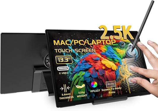 Portable Monitor Touchscreen for Mac 13.3" 2.5K Touch Screen Monitor with Protective Sleeve, USB-C Plug & Play 1500:1 0.22" Ultra-Thin Laptop Screen Extender for Mac Laptop PC Switch