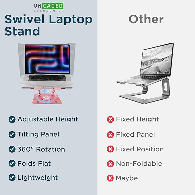 Uncaged Ergonomics Swivel Laptop Stand for Desk, Adjustable Computer iPad Stand for Desk w/ 360 Rotation, Portable Laptop Holder for Home Office Ergonomic Supplies (Rose Gold)