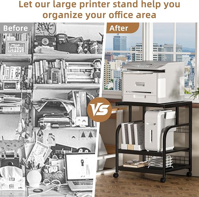 Lerliuo Large Printer Stand with Storage, 23.6"W x 18.9"D x 30.2"H, 5-Adjustable Shelf Heights Mobile 3 Tier Table with Lockable Wheels, Industrial Rolling Printer Cart, Black Stands for Home Office