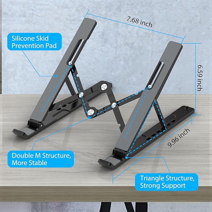 Adjustable Laptop Stand, Portable Laptop Riser for Desk, ABS+Silicone Foldable Ventilated Cooling Notebook Holder Stand for 10-15.6” Laptops, Tablets