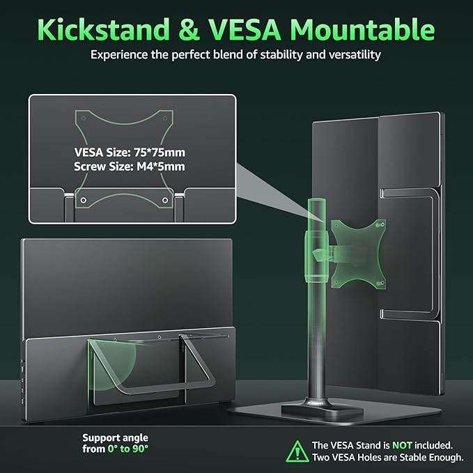 cocopar Portable Monitor 15.6'' 1080P 60Hz 85% sRGB IPS Travel Monitor with USB-C HDMI Portable Screen for Laptop MacBook Surface PC PS4/5 External Display with Kickstand, VESA Mountable