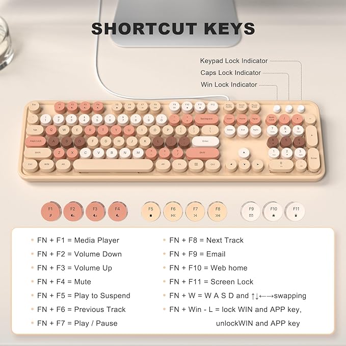 MOFII Wired Keyboard - Full Size USB Plug & Play, Colorful Retro Round Typewriter Keyboard with Foldable Stands for Windows PC Laptop (Milk Tea Colorful)