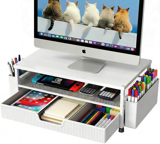 Desk Organizer and Accessories, 2-Tier Computer Monitor Stand Rise with Storage Drawer & 2 Pen Holders, Laptop & Printer Stand for Desktop, Workspace Organizers for Office Supplies (White)