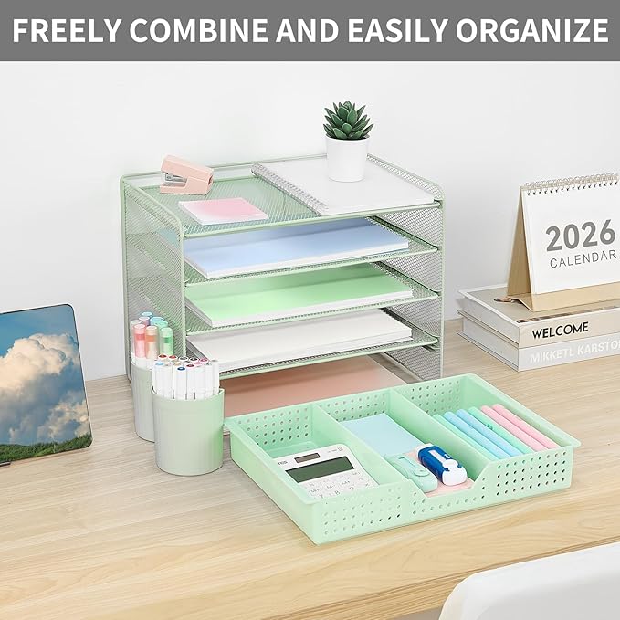 Desk Organizer and Accessories, 5-Tier Paper Letter Tray Organizer with Drawer & 2 Pen Holders for Desktop File Organization, Office Desk Accessories for Supplies Storage (Green)
