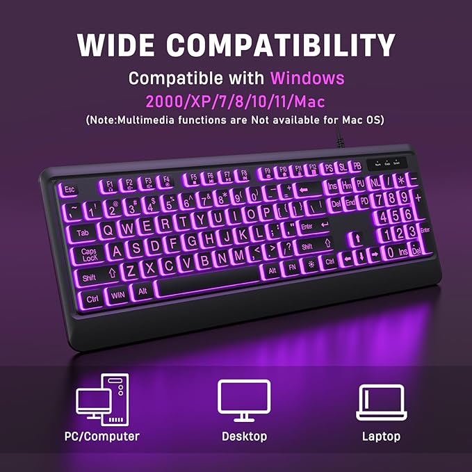 Large Print Keyboard - 7 Interchangeable Backlight Colors, Light Up USB Wired Computer Keyboards, USB Plug-and-Play, Foldable Stands, Corded Full Size Keyboard for Windows, PC, Laptop