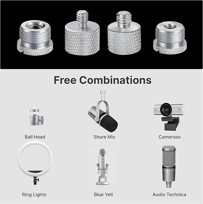 IXTECH Mic Stand Adapter Set - 8 Piece Metal Tripod Adapter Kit - 5/8 Female to 3/8 Male & 1/4 Female to 5/8 Male - ADP02A Silver