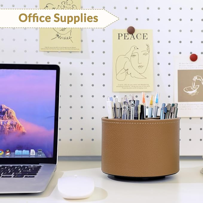 SKYDUE Rotating Pencil Pen Holder, PU Pen Organizer with 4 Slots - Desk Organizer and Accessories for School, Home, Office Supplies