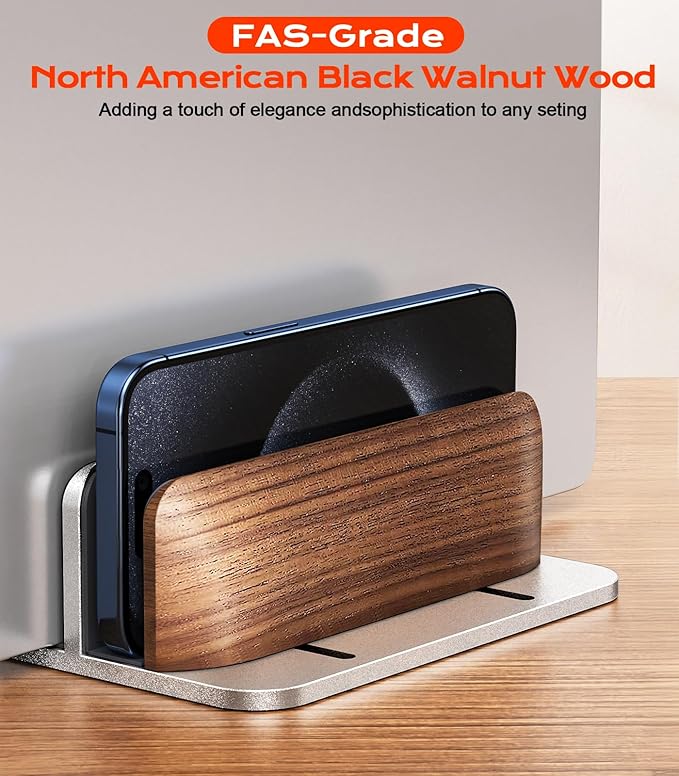 Vertical Laptop Stand, Walnut Dual Laptop Holder with Adjustable Aluminum Alloy Base Laptop Stand Compatible with All MacBok/Surface/Samsung/HP/Dell/Chrome Book (Silver)