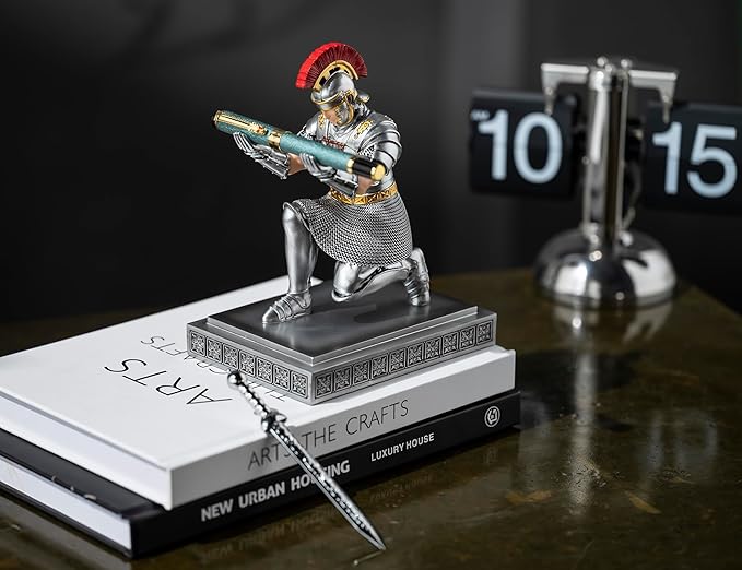 Roman Praetorian Warrior Knight Pen Holder Desk Ornament Resin Pencil Holder Desk Accessories and Organizer for Office with a Letter Opener (Silver)