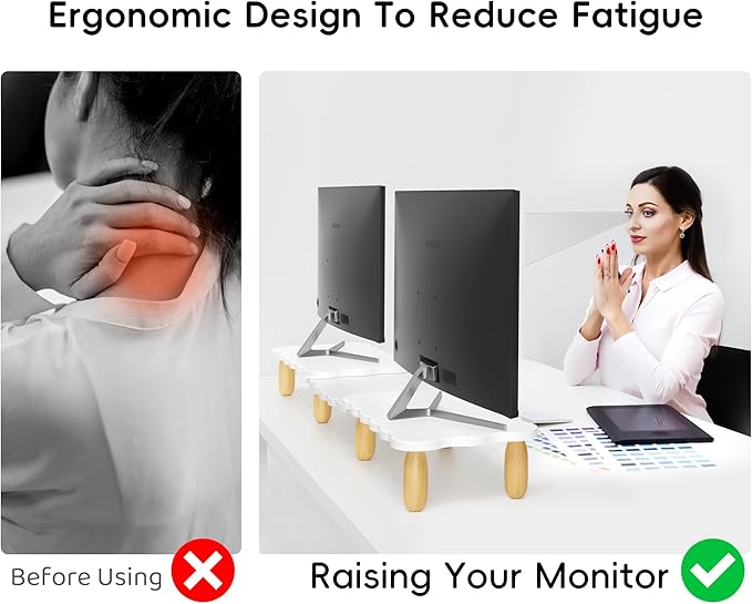 Dual Monitor Riser, Cookie-Shaped Adjustable Length & Swivel Angle, Wooden Desktop Organizer for 2 Monitors,Monitor Stand with Drawer for Laptop, PC, Computer, Printer,White