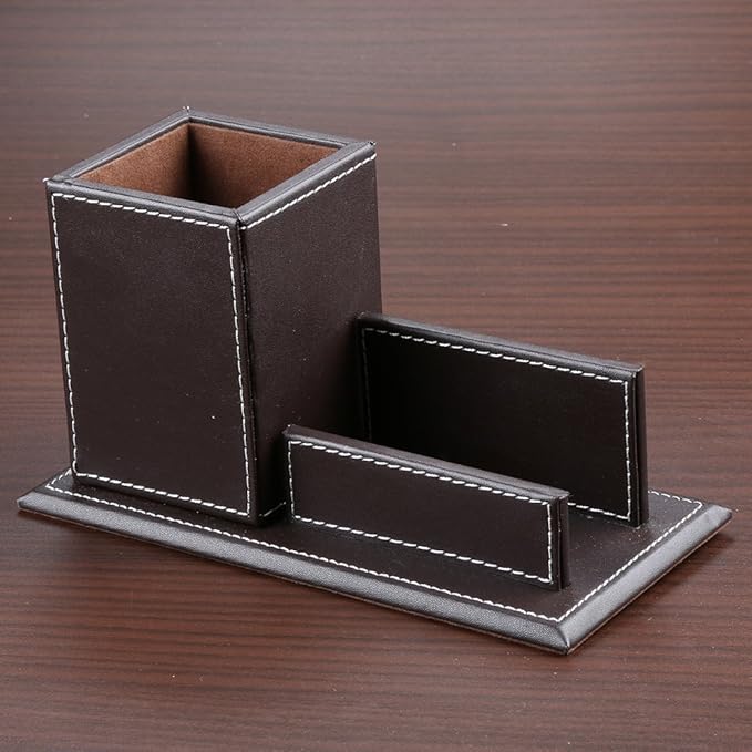 KINGFOM PU Leather Desk Organizer and Accessories, Pencil Holder for Desk with Business Cards Stand, School Office Supplies Collection Caddy Brown