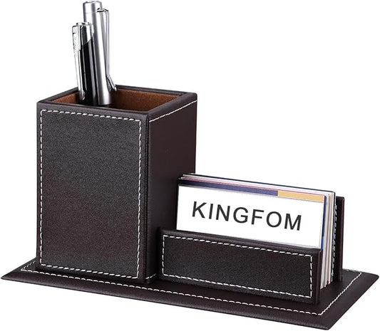 KINGFOM PU Leather Desk Organizer and Accessories, Pencil Holder for Desk with Business Cards Stand, School Office Supplies Collection Caddy Brown