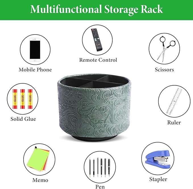 lizimandu Round Leather Art Supply Organizer,Remote Control Holder,360 Degree Spinning,Multi-Functional Pencil Holder,4 Compartments Desktop Stationary Organizer(1-Carved Cooper Green)