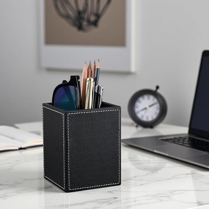 KINGFOM PU Leather Square Pens Pencils Holder Cup Desktop Stationery Organizer Case Office Accessories Container Box (black)