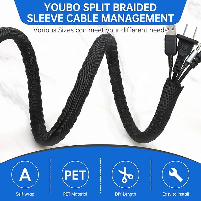 Split Braided Cable Sleeve，Flexible Wire Loom Tubing, Automotive Cord Protector Pet Proof, Cable Management for Computer TV Electric Wires Harness 16ft (Black, 19mm（3/4")