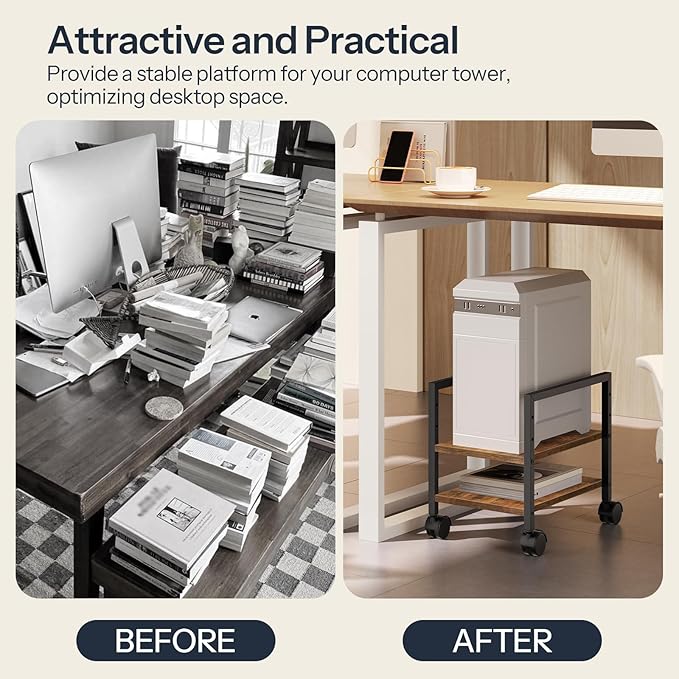 HOOBRO PC Stand, 2-Tier PC Tower Stand Fits Most Computer Towers, CPU Holder for Floor, Height Adjustable, CPU Stand with Wheels Under Desk, for Home Office, Rustic Brown and Black BF11CJ01