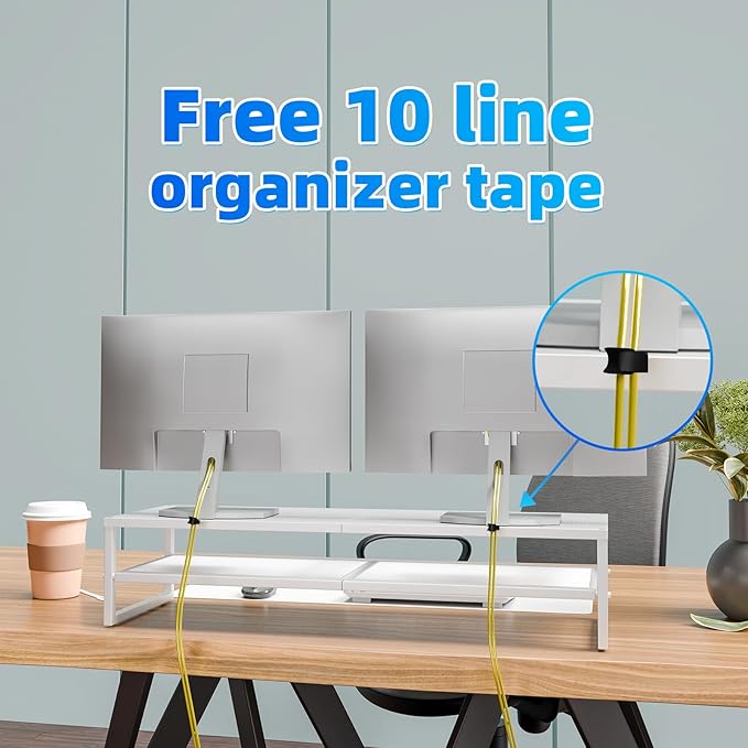 Simple Trending 2 Tier Metal Dual Monitor Stand Riser, Computer Office Desktop Organizer for 2 Monitors with 32"x10" Mouse Pad for Laptop, Printer, TV, White