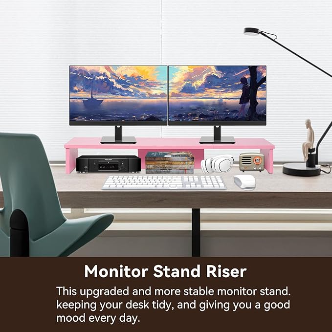 Dual Monitor Stand Riser, Large Computer Monitor Stand for Desk, Monitor Riser for 2 Monitors, Wood Desk Shelf for Top of Desk, Desktop Organizer for Computer, Laptop, Printer, TV, Pink