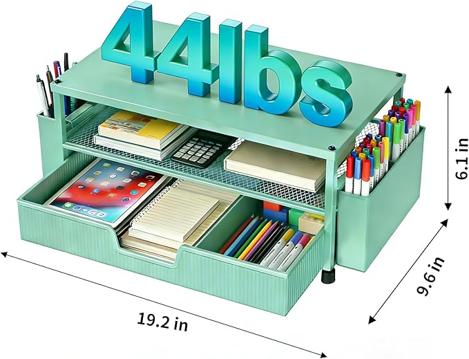Desk Organizer and Accessories, 2-Tier Computer Monitor Stand Rise with Storage Drawer & 2 Pen Holders, Laptop & Printer Stand for Desktop, Workspace Organizers for Office Supplies (Green)