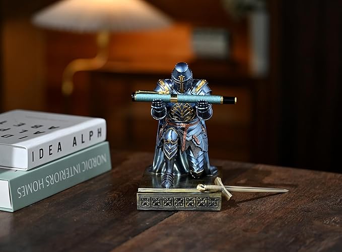 Medieval Templar Vanguard Officer Knight Pen Holder Pen Stand Desk Organizers and Accessories Resin Mobile Phone Stand as Gift for Office and Home Desk Organizer (Blue)