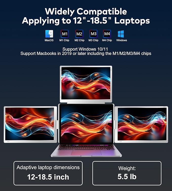 16" Laptop Screen Extender, Just 1 Cable for 3 Screens Quad Monitor, 1200P FHD Screen Extender for 12"-18.5" Laptops, Triple Portable Monitor for Wins/Mac M1|M2|M3|M4|M5