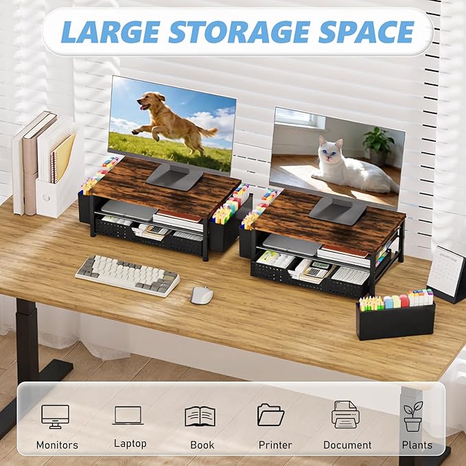 OPNICE Desk Organizers and Accessories, 2-Tier Computer Monitor Stand Riser with Drawer and 2 Pen Holders, Laptop Stand, Office Desk Accessories for Office Supplies, Brown