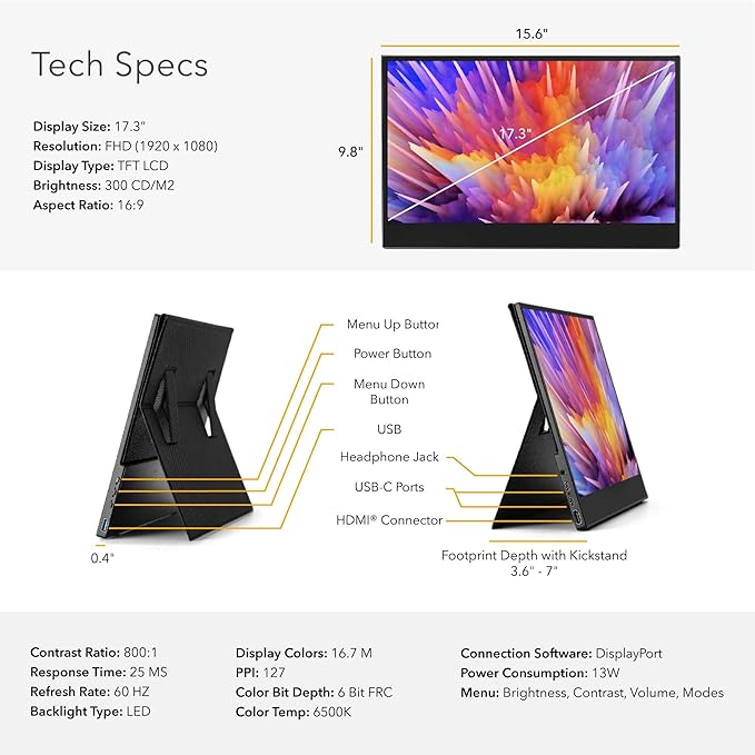 SideTrak Solo 17.3” Touchscreen Portable Full HD LED Monitor, Laptop Dual Screen Computer Extender with Large Display Cover, for PC, Gaming & Chrome, HDR Enabled, Powered by USB-C® or HDMI