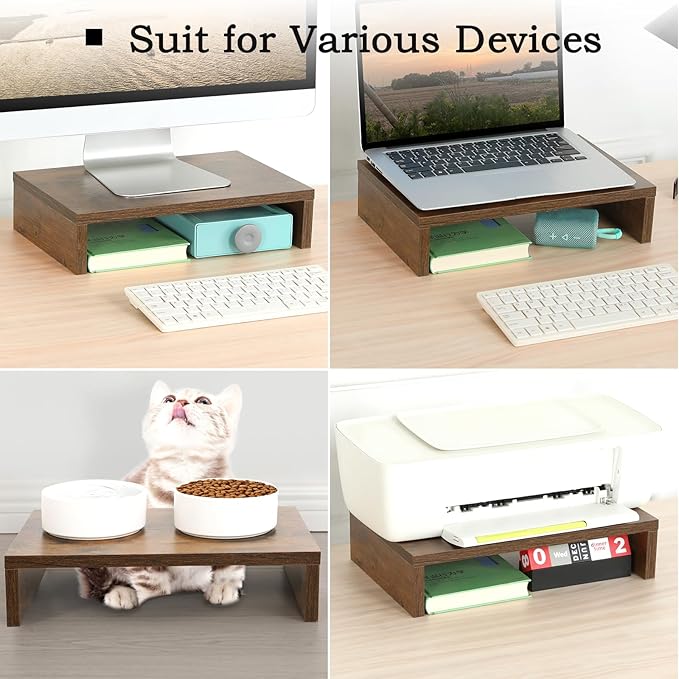 TEAMIX Monitor Riser - 2 Pack, Rustic Brown Wood Adjustable Stand for 2 Monitors/Laptop/PC