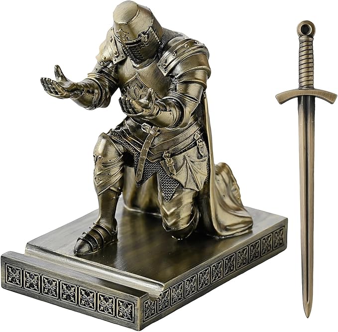 Medieval Templar Vanguard Officer Knight Pen Holder Pen Stand Desk Organizers and Accessories Resin Mobile Phone Stand as Gift for Office and Home Desk Organizer (Bronze)