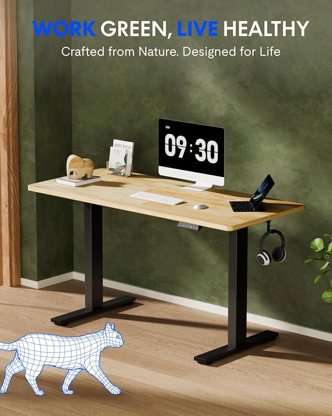 FLEXISPOT EN1 One-Piece Solid Wooden Standing Desk 55 x 24 Inches Height Adjustable Electric Sit Stand Home Office Desks (Black Frame + Rubber Wood Top, 2 Packages)