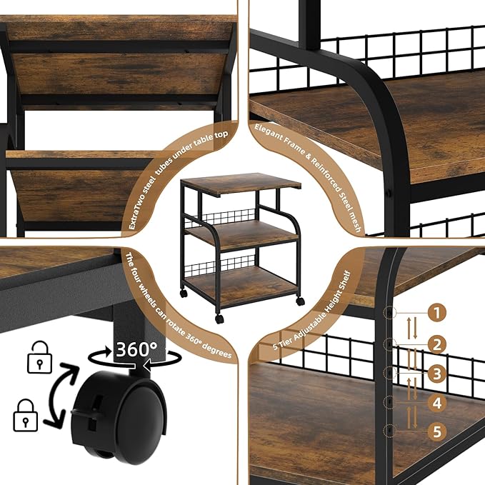 Lerliuo Large Printer Stand with Storage, 23.6"W x 18.9"D x 30.2"H, 5-Adjustable Shelf Heights Mobile 3 Tier Table with Lockable Wheels, Industrial Rolling Printer Cart, Brown Stands for Home Office