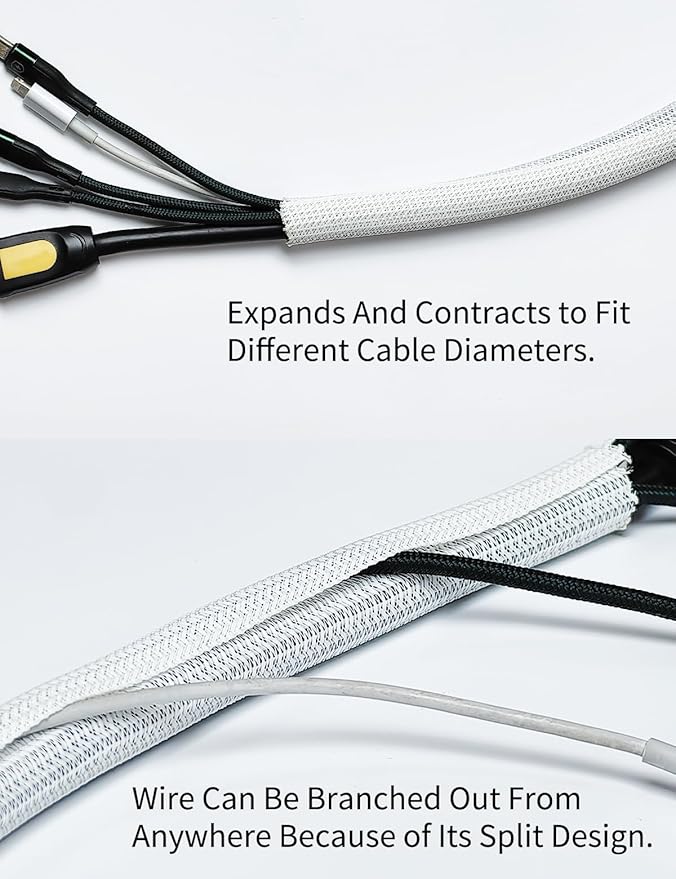 Cable Management Split Wire Loom Sleeve - Cord Hider & Protector for Desk, Pet Chew Proof, Wire Cover Organizer, Flexible Tube for Wires and Cables (3/4 & 1/2 Inch 10FT, White)