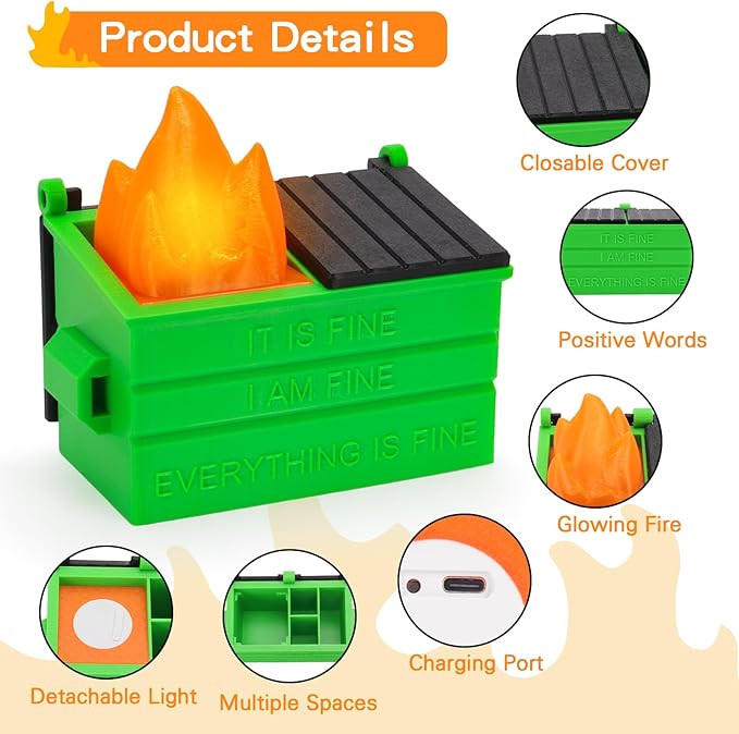Dumpster Pencil Holder with Flame Light and Charging Port Dumpster Pen Holder Desk Accessories for Office Christmas Decor (Green, 1P)