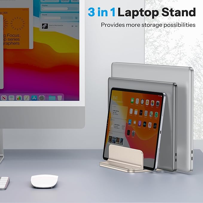 OMOTON 3-Slot Vertical Laptop Stand, Desktop Aluminum Stand for MacBook with Adjustable Dock Size, Fits All MacBook, Surface, Chromebook and Gaming Laptops (Up to 17.3 inches), Starlight