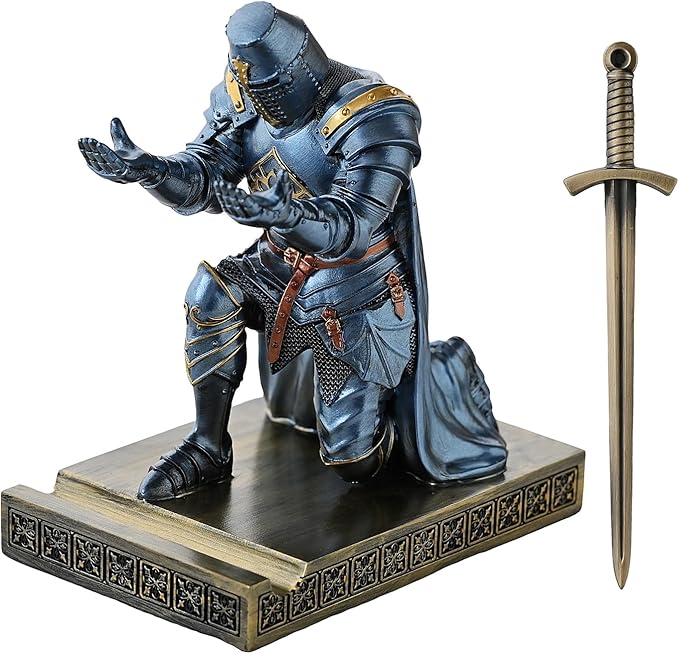 Medieval Templar Vanguard Officer Knight Pen Holder Pen Stand Desk Organizers and Accessories Resin Mobile Phone Stand as Gift for Office and Home Desk Organizer (Blue)