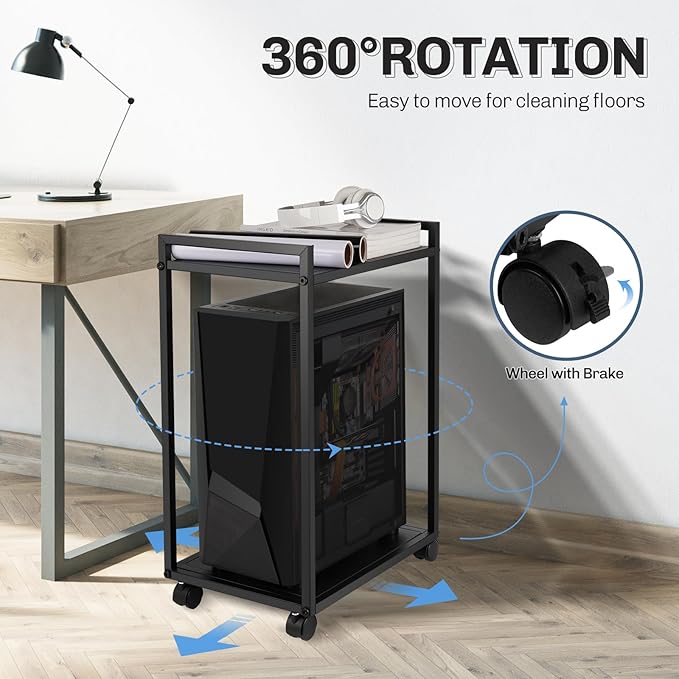 Liitrton Computer Tower Stand, 2-Tier PC Stand with Lockable Wheels CPU Holder Under Desk for Office Home (M)