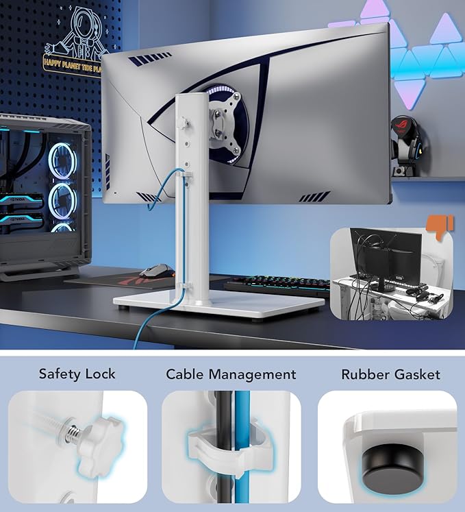 Hemudu Single LCD Computer Monitor Free-Standing Desk Stand Riser for 13 inch to 32 inch Screen with Swivel, Height Adjustable, Rotation, Holds One (1) Screen up to 77Lbs(HT05W-001) White