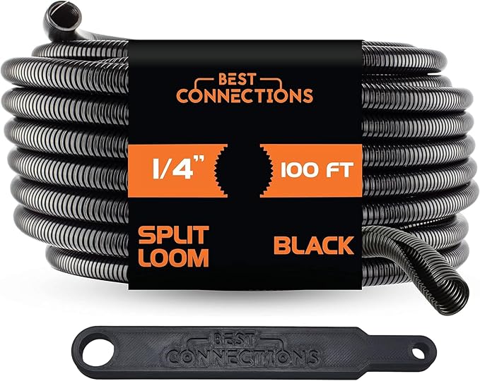 BEST CONNECTIONS 1/4" x 100 ft Split Wire Loom Flex-Guard Convoluted Tubing with Installation Tool - Protective Cable Sleeves for Automotive Home Electrical Wires Chemical Resistant Conduit Black
