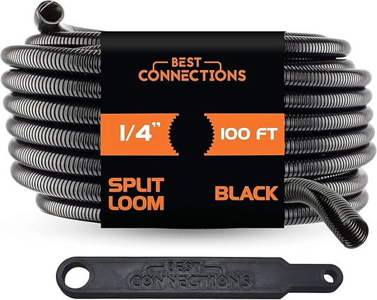 BEST CONNECTIONS 1/4" x 100 ft Split Wire Loom Flex-Guard Convoluted Tubing with Installation Tool - Protective Cable Sleeves for Automotive Home Electrical Wires Chemical Resistant Conduit Black