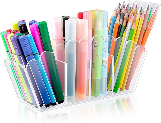 Scalloped Acrylic Pencil Holder – Clear Desk Organizer with 4 Compartments – Makeup Brush Holder & Remote Caddy for Office, Bathroom, Table – Party Accessory （4-Comp）