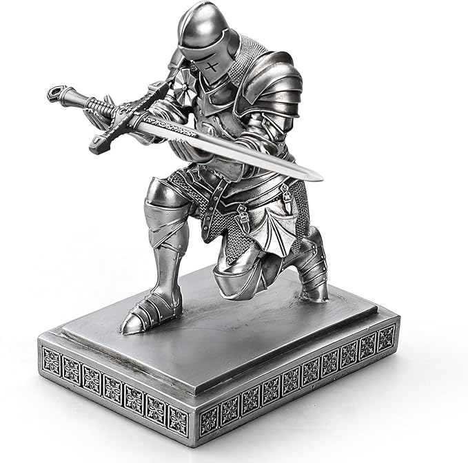 Medieval Armored Warrior Knight Pen Holder Desk Organizers and Accessories Resin Pencil Holder Paperweight as Gift with a Cool Letter Opener for Desk (Silver)