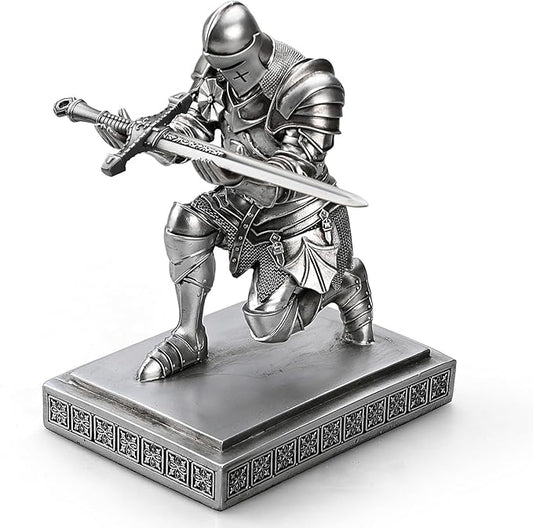 Medieval Armored Warrior Knight Pen Holder Desk Organizers and Accessories Resin Pencil Holder Paperweight as Gift with a Cool Letter Opener for Desk (Silver)