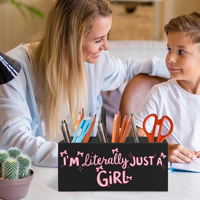 Coquette Pink Bow Pen Pencil Holder Organizer for Desk Accessories, Preppy Girly Room Decor, I'm Literally Just a Girl Wooden Box Signs Decorations for Girls Bedroom Room Dorm Desk Tabletop