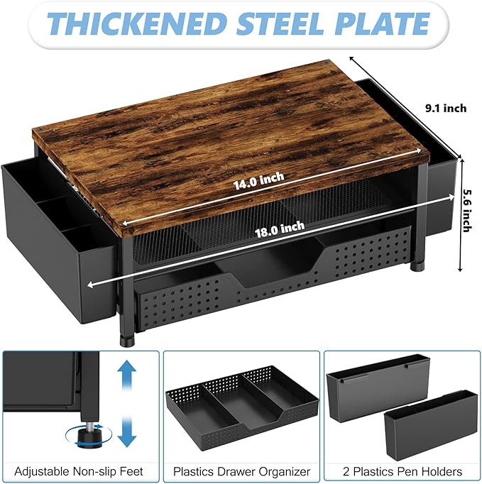 OPNICE Desk Organizers and Accessories, 2-Tier Computer Monitor Stand Riser with Drawer and 2 Pen Holders, Laptop Stand, Office Desk Accessories for Office Supplies, Brown