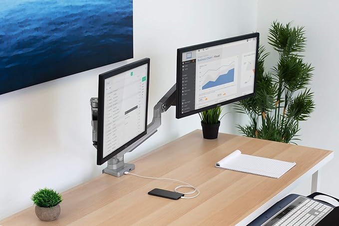 Mount-It! Dual Monitor Arm Mount Desk Stand | 2 x 3.0 USB Ports | Articulating Mechanical Spring Height Adjustable | Fits Two 24 27 29 30 32 Inch VESA 75 100 Compatible Screens | C-Clamp and Grommet