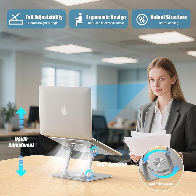 360° Swivel Laptop Stand - 2.5mm Heavy-Duty Aerospace Aluminum, Adjustable Height & Angle, Sturdy Yet Lightweight，Ergonomic Desk Mount for 10-17" MacBook/Dell/HP,Silver