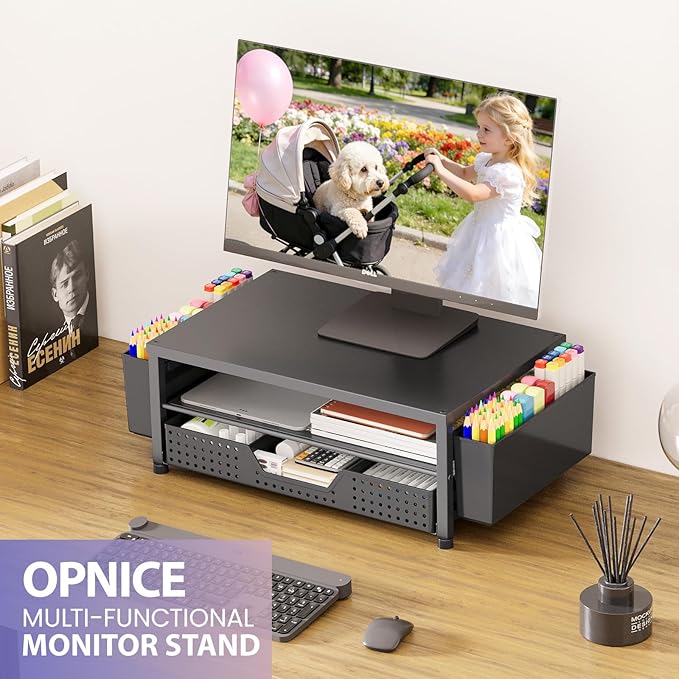 OPNICE Desk Organizer and Accessories, 2-Tier Computer Monitor Stand Riser with Drawer and 2 Pen Holders, Laptop Stand, Office Desk Accessories for Office Supplies, Black – Hot Seller 2Pack